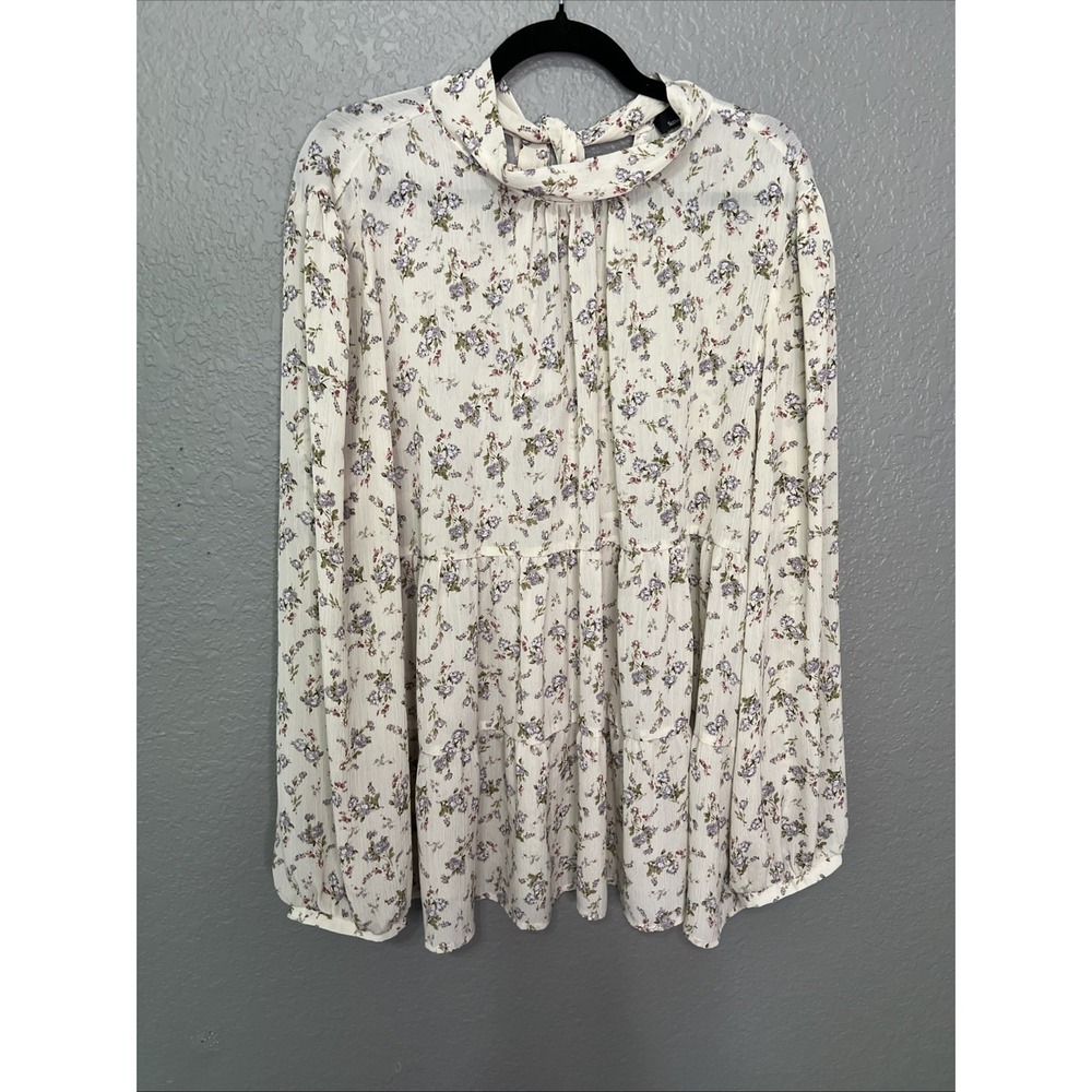 Suzanne Betro Tiered Floral Blouse 1X Ivory Gauze High Neck Tie Cottage Prairie
